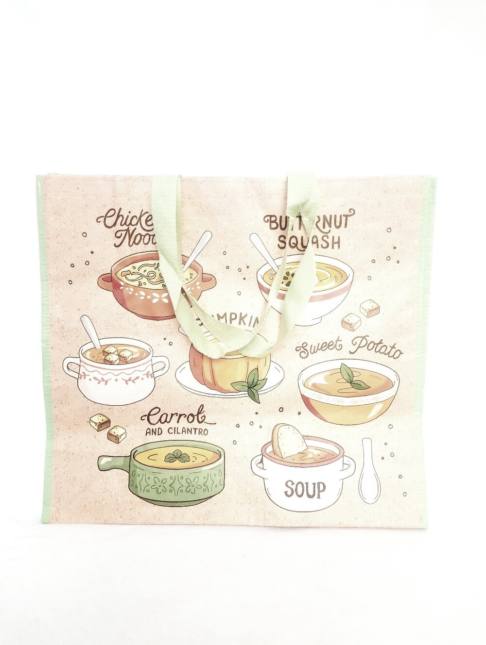 Reusable Fall HARVEST Kitchen Tote Bag in Light Green with Soup Design